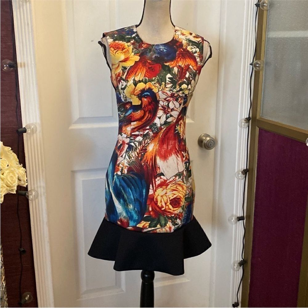 Just Cavalli Floral Mini Dress with Black Hem, M